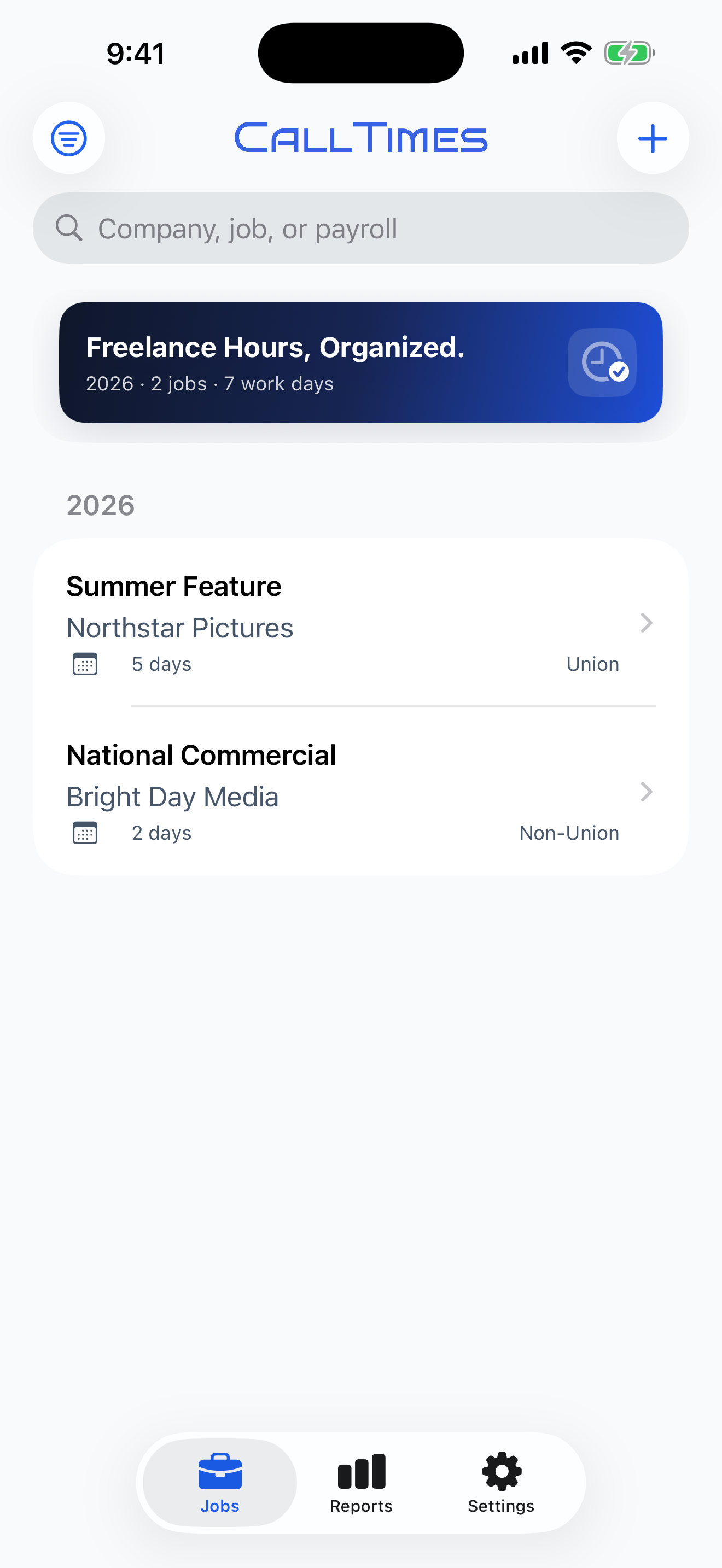 CallTimes Jobs Dashboard showing active jobs and year-to-date totals