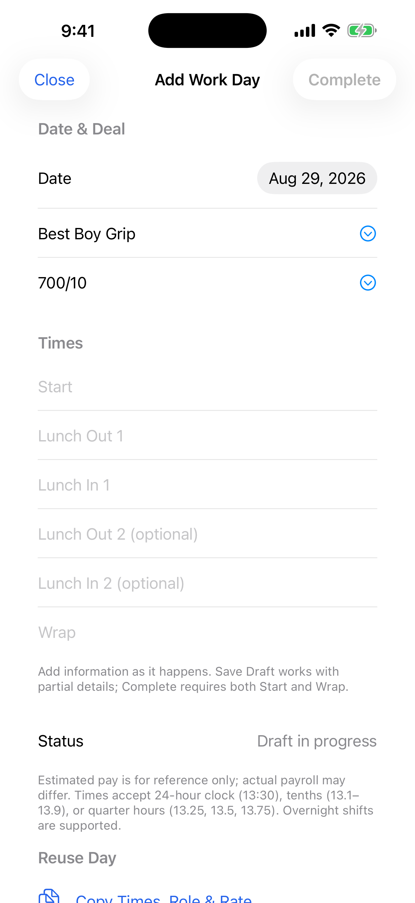 Add Work Day form with draft workflow